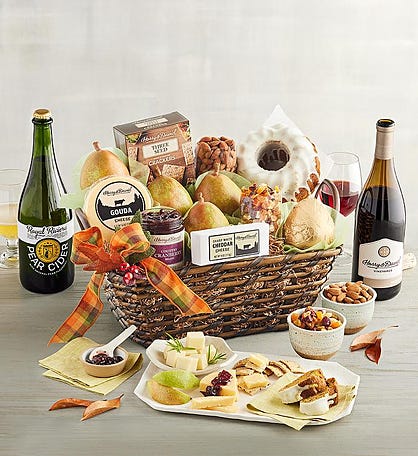 Harvest Favorites Gift Basket with Red Wine and Pear Cider